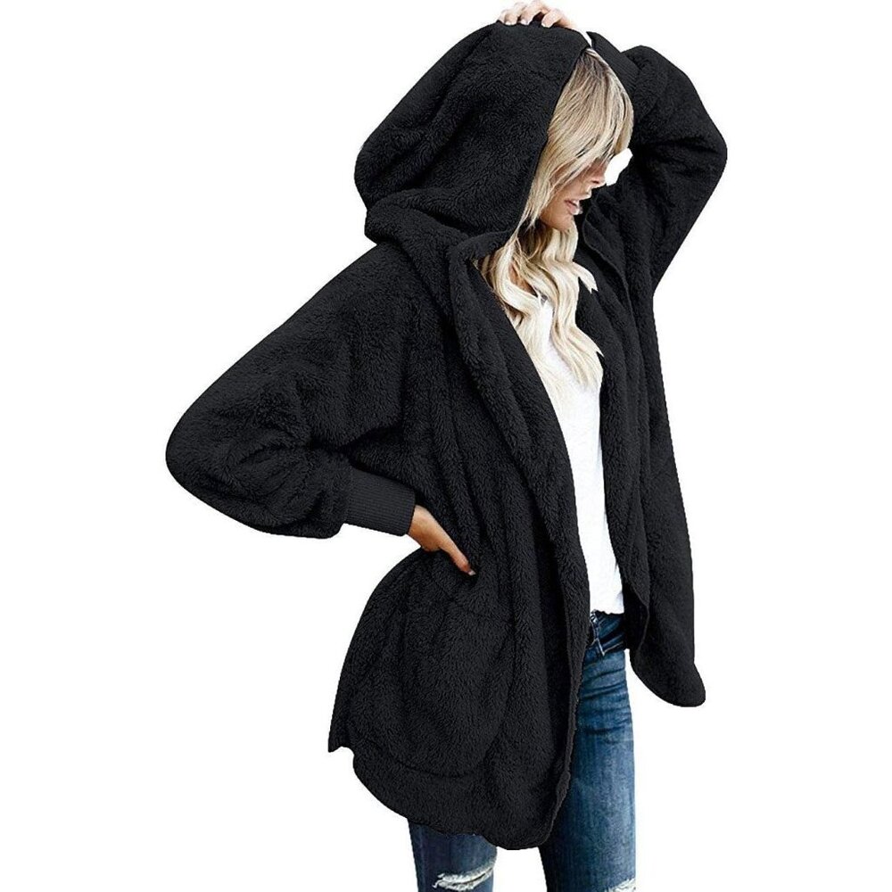 Women's Black Open Front Sherpa Vest Jacket Coat Hooded Fleece Fuzzy Sweater